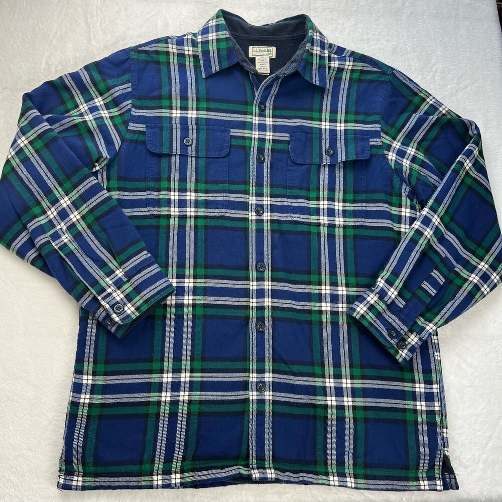 L.L. Bean Fleece lined Blue Plaid Button down Shirt Jacket men's size Medium